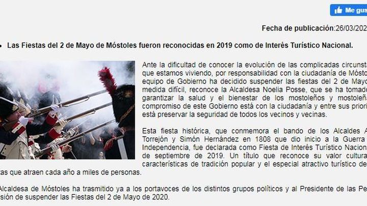 Suspensión fiestas del 2 de Mayo / Web Ayuntamiento de Móstoles