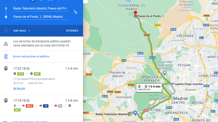 Trayecto propuesto por el Consorcio de Transportes sobre la plataforma Google Transit / CRTM/Google Transit