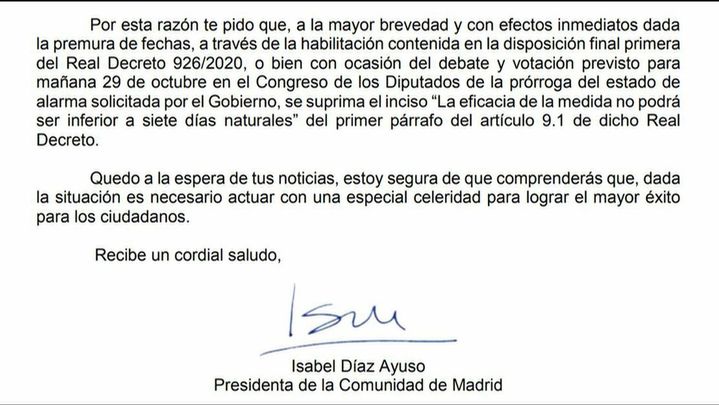 Carta da Ayuso a Pedro Sánchez / REDACCIÓN