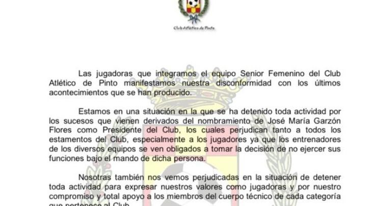 Comunicado del Atlético de Pinto Femenino / Comunicado