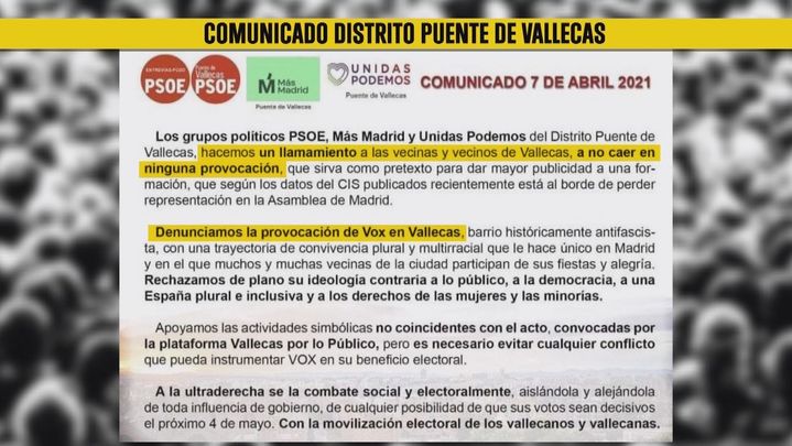 Comunicado sobre el acto de Vox de este 7 de abril en Vallecas / TELEMADRID