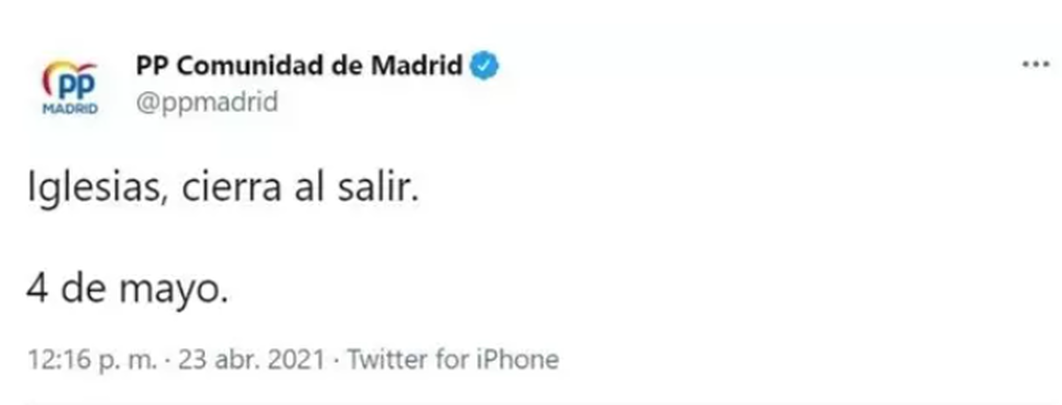 Captura del mensaje en Twitter de la cuenta del PP de Madrid que ha sido borrado / EUROPA PRESS