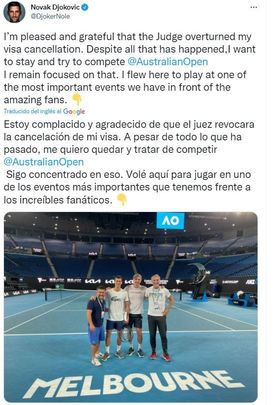 Tuit de Djokovic / TWITTER