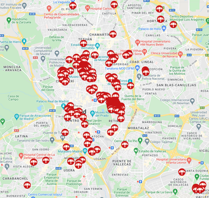 Imagen del mapa elaborado por la FRAVM con las terrazas que incumplen la norma / FRAVM