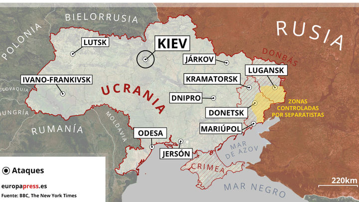 Mapa de los ataques militares a ciudades ucranianas el 24 de febrero / EUROPA PRESS
