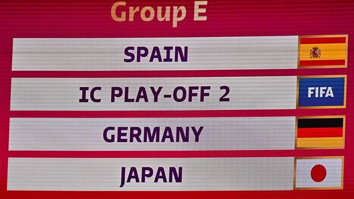 Un panel del sorteo Mundial de Qatar muestra las selecciones que componen el Grupo E: España, Alemania, Japón y el ganador del Nueva Zelanda - Costa Rica / EFE