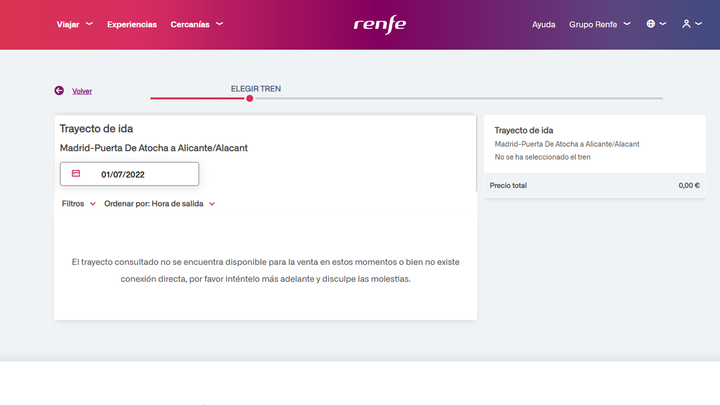 Mensaje de la web de renfe al intentar comprar un billete de Ave Madrid-Alicante / TELEMADRID