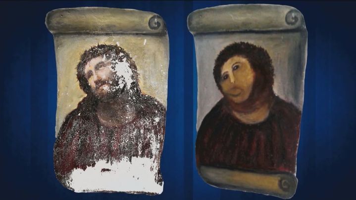 El estado original y el resultado de la 'restauración' del Ecce Homo de Borja / TELEMADRID