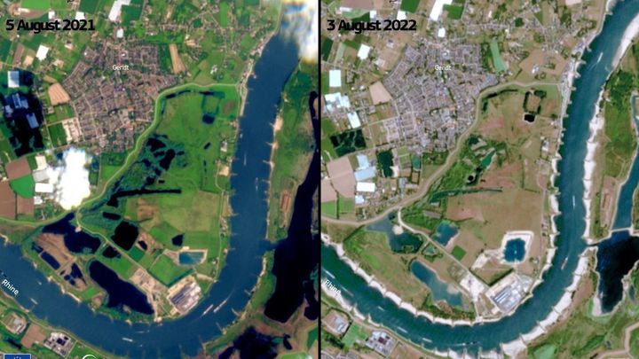 Imágenes del río Rin tomadas por el Copernicus Sentinel-2 el 5 de agosto de 2021 (izquierda) y el 3 de agosto de 2022 (derecha) / UE/ COPERNICUS