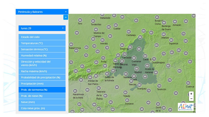 Previsión de tormentas para este lunes en Madrid / Aemet