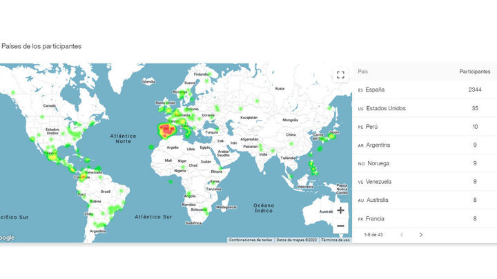 Mapa del mundo con participantes en redes sociales con el hashtag #DebateTM / Telemadrid