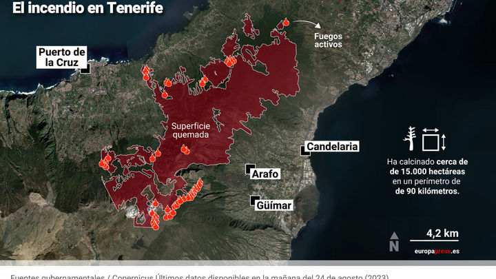 Infografía y mapa de la extensión del incendio en Tenerife y que ha afectado a casi 15.000 hectáreas / Europa Press
