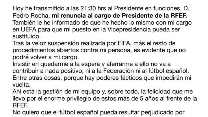 Carta de renuncia de Rubiales / TELEMADRID