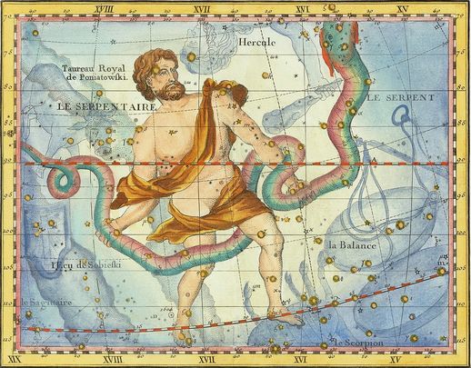 Ilustración en el libro del astrónomo británico John Flamsteed de 1776 que muestra la posición de la constelación de Ofiuco ('el portador de la serpiente') con sus pies sobre la eclíptica / WIKIPEDIA