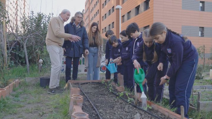 Ninos regando en el huerto de 'Las 40 Fanegas' / Telemadrid