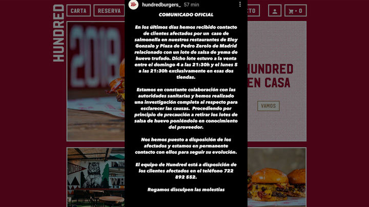 Comunicado oficial de Hundreds, cadena de hamburgueserías de Madrid y Valencia / hundredburgers.com