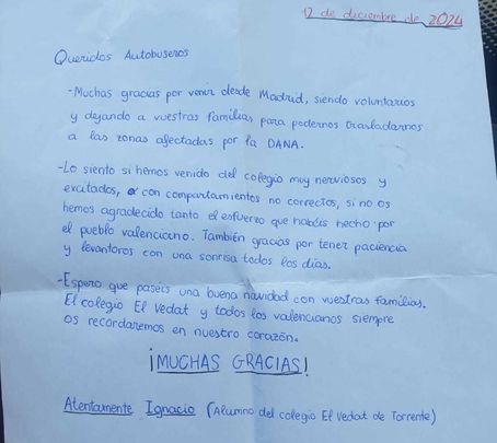 La carta de Ignacio para los autobuseros voluntarios en Valencia / TELEMADRID