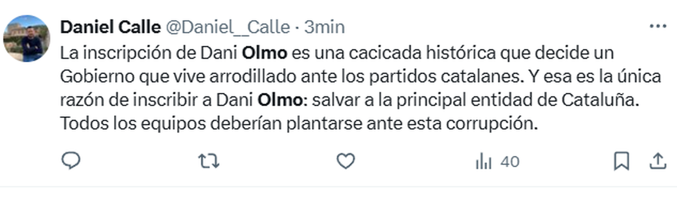 Tuit sobre la cautelar a Olmo / TWITTER
