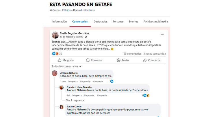 Vecinos de Getafe denuncian problemas de cobertura móvil en el municipio (Facebook) / REDACCIÓN