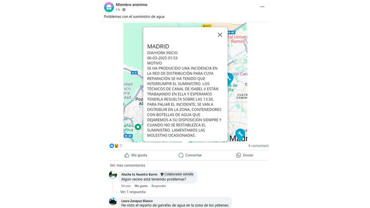 Comentarios en Facebook por un corte de agua en el barrio / Facebook